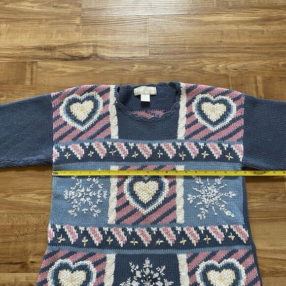 VINTAGE 90s Women M Blue Granny Core Heart Patchwork Heavy Knit Sweater Cottage - Picture 11 of 16